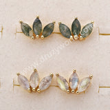 Three-Leaf Natural Gemstone Stud Earrings, S925 Sterling Silver, Faceted Moss Agate & Labradorite Jewelry Flower Earrings SS399