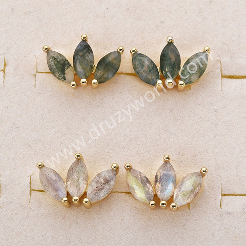 Three-Leaf Natural Gemstone Stud Earrings, S925 Sterling Silver, Faceted Moss Agate & Labradorite Jewelry Flower Earrings SS399