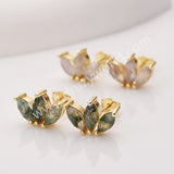 Three-Leaf Natural Gemstone Stud Earrings, S925 Sterling Silver, Faceted Moss Agate & Labradorite Jewelry Flower Earrings SS399
