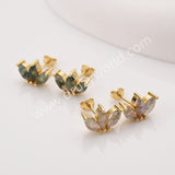 Three-Leaf Natural Gemstone Stud Earrings, S925 Sterling Silver, Faceted Moss Agate & Labradorite Jewelry Flower Earrings SS399