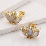 Three-Leaf Natural Gemstone Stud Earrings, S925 Sterling Silver, Faceted Moss Agate & Labradorite Jewelry Flower Earrings SS399