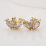 Three-Leaf Natural Gemstone Stud Earrings, S925 Sterling Silver, Faceted Moss Agate & Labradorite Jewelry Flower Earrings SS399