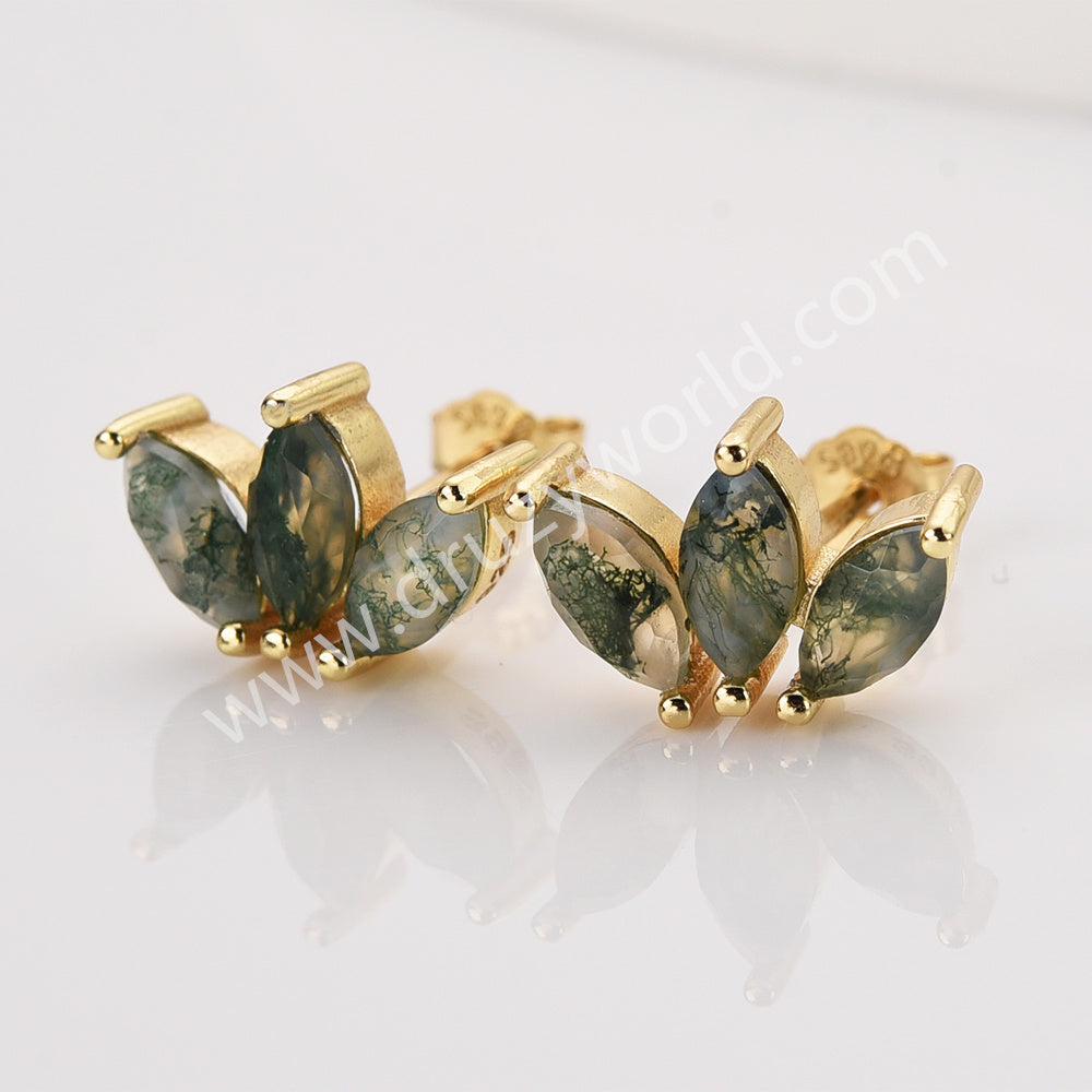 Three-Leaf Natural Gemstone Stud Earrings, S925 Sterling Silver, Faceted Moss Agate & Labradorite Jewelry Flower Earrings SS399