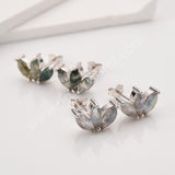 Three-Leaf Green Moss Agate Studs Labradorite Earrings, S925 Sterling Silver Jewelry Flower Studs SS400
