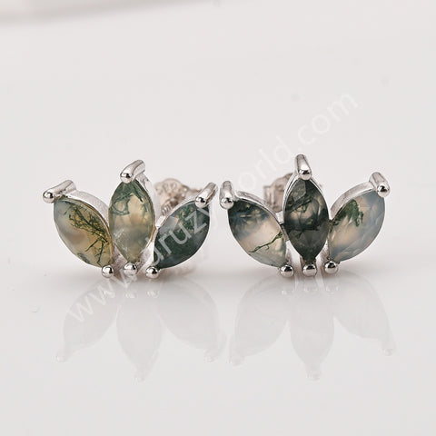 Three-Leaf Green Moss Agate Studs Labradorite Earrings, S925 Sterling Silver Jewelry Flower Studs SS400