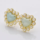 Gold Plated Claw Rainbow Natural Stones Pearl Heart Stud Earrings WX2240