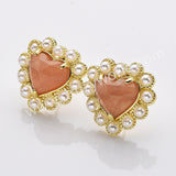 Gold Plated Claw Rainbow Natural Stones Pearl Heart Stud Earrings WX2240