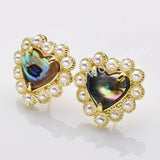 Gold Plated Claw Rainbow Natural Stones Pearl Heart Stud Earrings WX2240