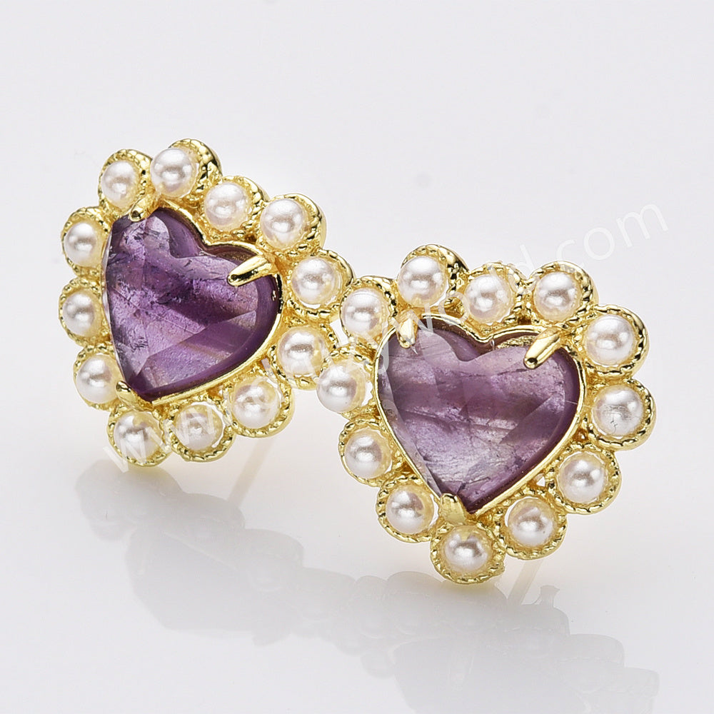 Gold Plated Claw Rainbow Natural Stones Pearl Heart Stud Earrings WX2240