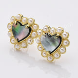 Gold Plated Claw Rainbow Natural Stones Pearl Heart Stud Earrings WX2240
