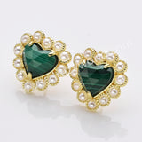Gold Plated Claw Rainbow Natural Stones Pearl Heart Stud Earrings WX2240