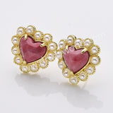 Gold Plated Claw Rainbow Natural Stones Pearl Heart Stud Earrings WX2240