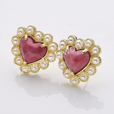 Gold Plated Claw Rainbow Natural Stones Pearl Heart Stud Earrings WX2240