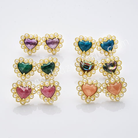 Gold Plated Claw Rainbow Natural Stones Pearl Heart Stud Earrings WX2240