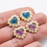 Gold Plated Claw Rainbow Natural Stones Pearl Heart Stud Earrings WX2240