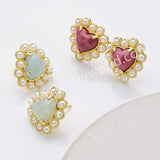 Gold Plated Claw Rainbow Natural Stones Pearl Heart Stud Earrings WX2240
