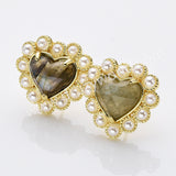 Gold Plated Claw Rainbow Natural Stones Pearl Heart Stud Earrings WX2240