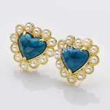 Gold Plated Claw Rainbow Natural Stones Pearl Heart Stud Earrings WX2240