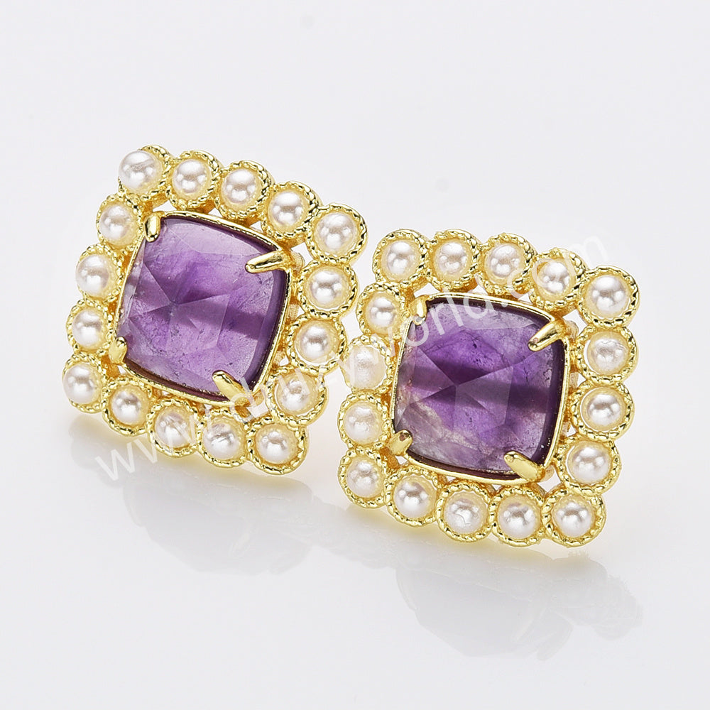 Gold Plated Claw Rainbow Natural Stones Faceted Pearl Square Stud Earrings WX2241