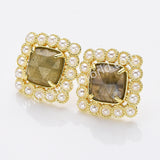Gold Plated Claw Rainbow Natural Stones Faceted Pearl Square Stud Earrings WX2241