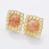 Gold Plated Claw Rainbow Natural Stones Faceted Pearl Square Stud Earrings WX2241