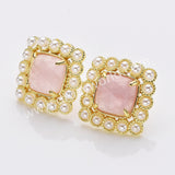 Gold Plated Claw Rainbow Natural Stones Faceted Pearl Square Stud Earrings WX2241