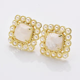 Gold Plated Claw Rainbow Natural Stones Faceted Pearl Square Stud Earrings WX2241