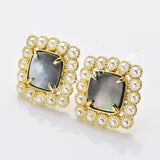 Gold Plated Claw Rainbow Natural Stones Faceted Pearl Square Stud Earrings WX2241