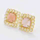 Gold Plated Claw Rainbow Natural Stones Faceted Pearl Square Stud Earrings WX2241