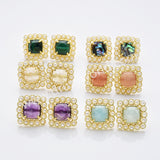 Gold Plated Claw Rainbow Natural Stones Faceted Pearl Square Stud Earrings WX2241