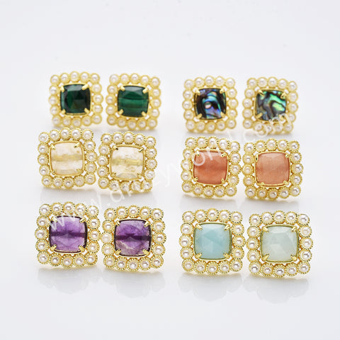 Gold Plated Claw Rainbow Natural Stones Faceted Pearl Square Stud Earrings WX2241