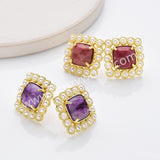 Gold Plated Claw Rainbow Natural Stones Faceted Pearl Square Stud Earrings WX2241