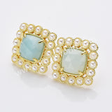 Gold Plated Claw Rainbow Natural Stones Faceted Pearl Square Stud Earrings WX2241