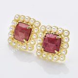 Gold Plated Claw Rainbow Natural Stones Faceted Pearl Square Stud Earrings WX2241