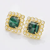 Gold Plated Claw Rainbow Natural Stones Faceted Pearl Square Stud Earrings WX2241