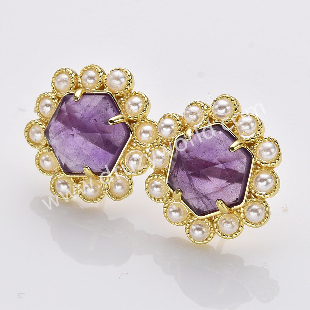 Gold Plated Claw Rainbow Natural Stones Faceted Pearl Hexagon Stud Earrings WX2242
