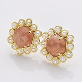 Gold Plated Claw Rainbow Natural Stones Faceted Pearl Hexagon Stud Earrings WX2242