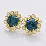 Gold Plated Claw Rainbow Natural Stones Faceted Pearl Hexagon Stud Earrings WX2242