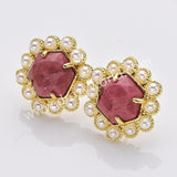 Gold Plated Claw Rainbow Natural Stones Faceted Pearl Hexagon Stud Earrings WX2242