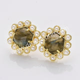 Gold Plated Claw Rainbow Natural Stones Faceted Pearl Hexagon Stud Earrings WX2242