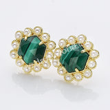 Gold Plated Claw Rainbow Natural Stones Faceted Pearl Hexagon Stud Earrings WX2242