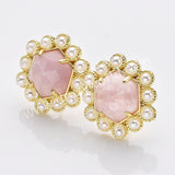 Gold Plated Claw Rainbow Natural Stones Faceted Pearl Hexagon Stud Earrings WX2242