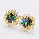Gold Plated Claw Rainbow Natural Stones Faceted Pearl Hexagon Stud Earrings WX2242