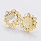 Gold Plated Claw Rainbow Natural Stones Faceted Pearl Hexagon Stud Earrings WX2242