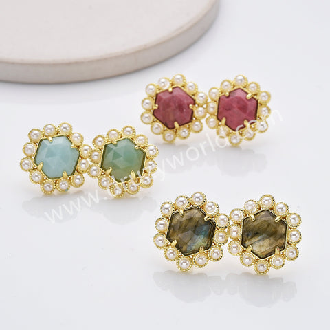 Gold Plated Claw Rainbow Natural Stones Faceted Pearl Hexagon Stud Earrings WX2242