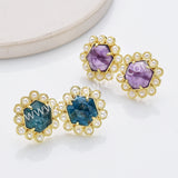Gold Plated Claw Rainbow Natural Stones Faceted Pearl Hexagon Stud Earrings WX2242
