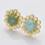 Gold Plated Claw Rainbow Natural Stones Faceted Pearl Hexagon Stud Earrings WX2242