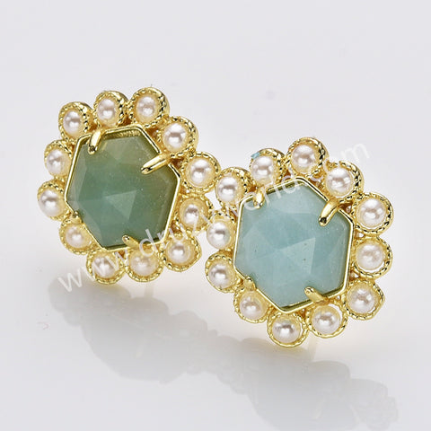 Gold Plated Claw Rainbow Natural Stones Faceted Pearl Hexagon Stud Earrings WX2242