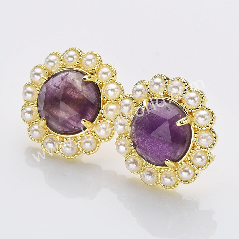 Gold Plated Claw Rainbow Natural Stones Faceted Pearl Round Stud Earrings WX2243