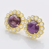 Gold Plated Claw Rainbow Natural Stones Faceted Pearl Round Stud Earrings WX2243